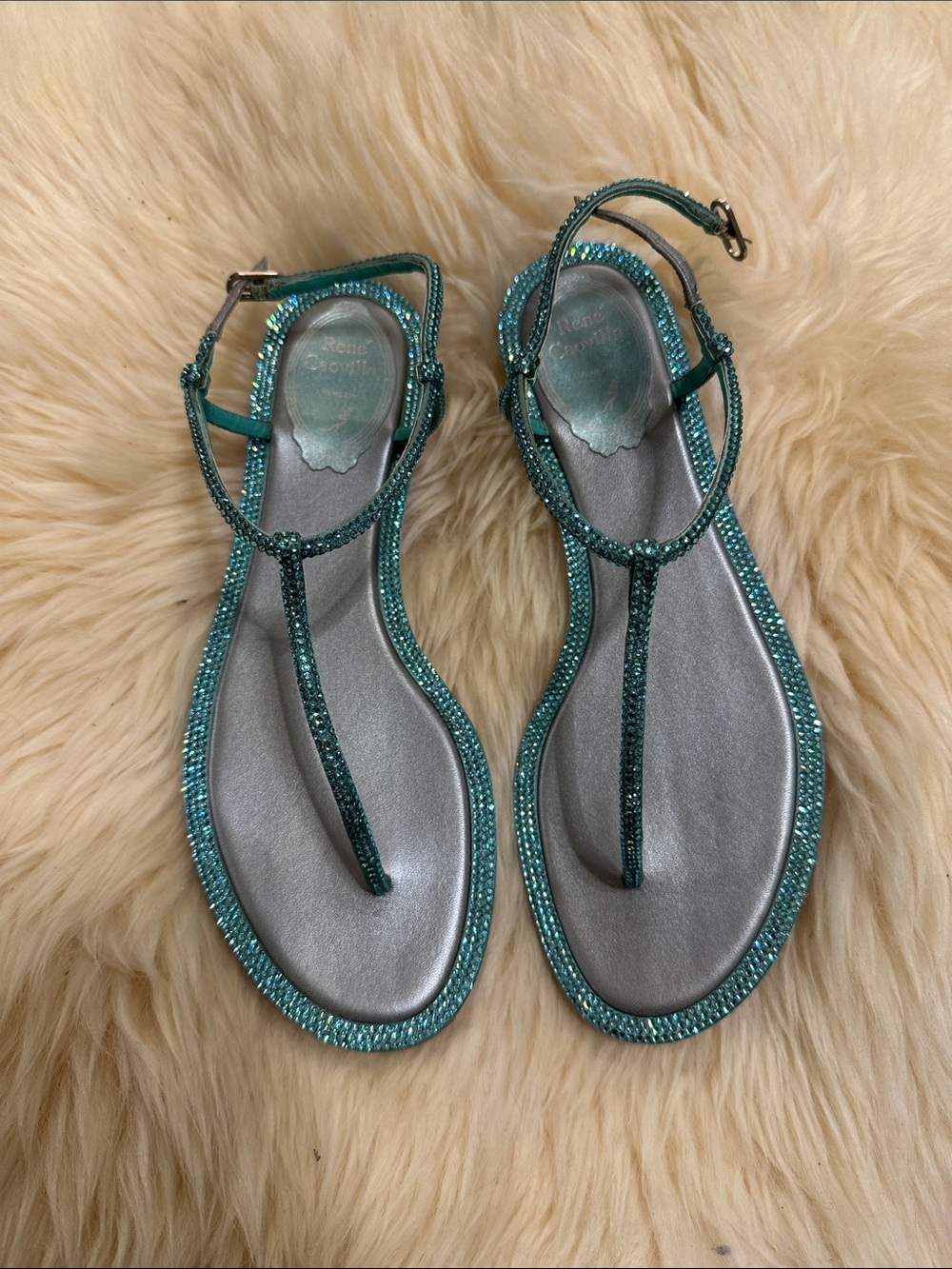 Rene Caovilla Emerald Crystal T-Strap Sandals
